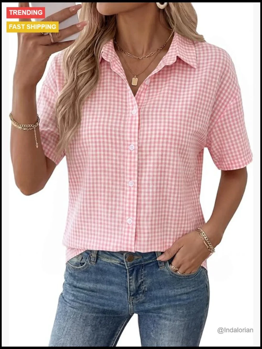 Short Sleeve V-Neck Button Down Blouse Work Top